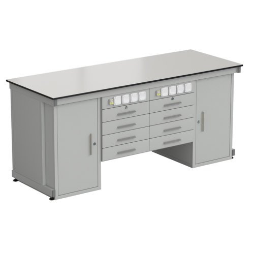 Стол демонстрационный с двумя напольными тумбами, двумя подвесными тумбами, с электрикой